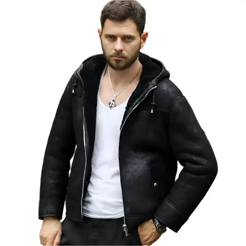 Mens Black Shearling Hooded Winter Jacket - Riders Republic UK