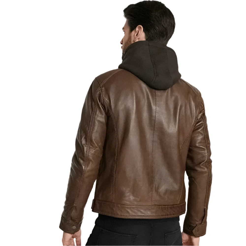 Men’s hooded leather jacket in brown with zip front, side pockets and modern streetwear style.