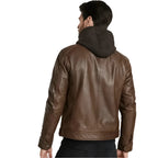 Men’s hooded leather jacket in brown with zip front, side pockets and modern streetwear style.