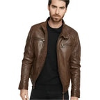 Brown leather jacket for men with hood, panel stitching and casual biker-inspired design.