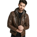 Men’s brown hooded leather jacket with front zip closure, grey hood and chest zip pockets.