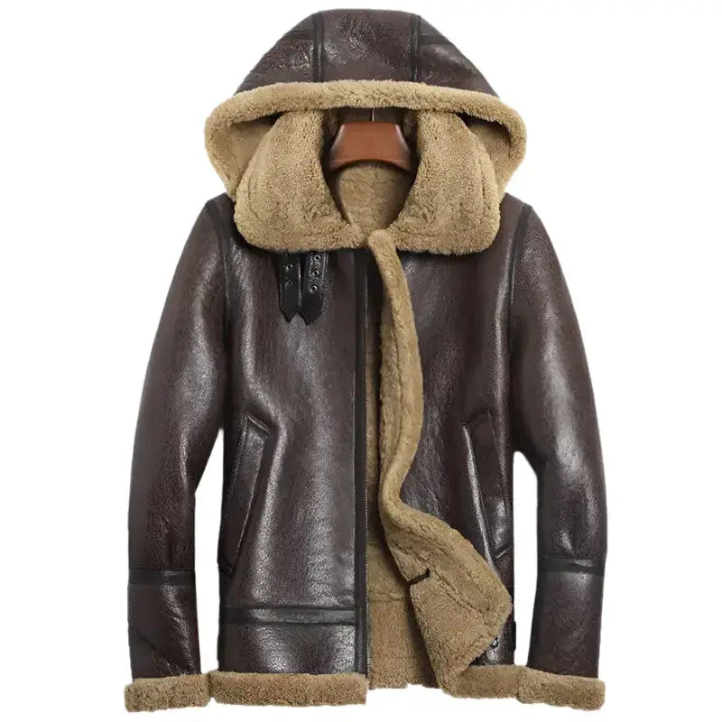 Mens Hooded Brown Shearling Aviator Jacket - Riders Republic UK