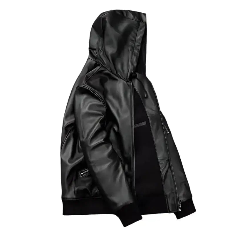 Men’s hooded leather jacket styled with denim and boots
