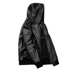 Men’s hooded leather jacket styled with denim and boots