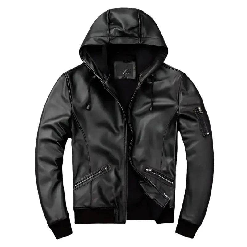 Men’s black hooded leather jacket in genuine leather
