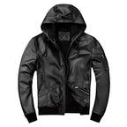 Men’s black hooded leather jacket in genuine leather