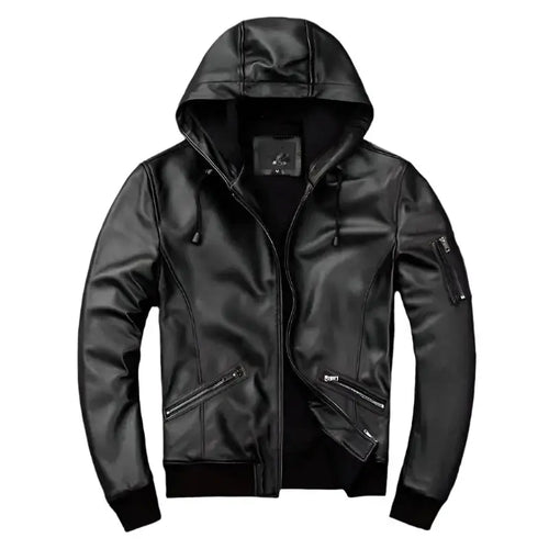 Men’s black hooded leather jacket in genuine leather
