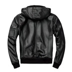 Black leather jacket with hood for men and casual biker styling