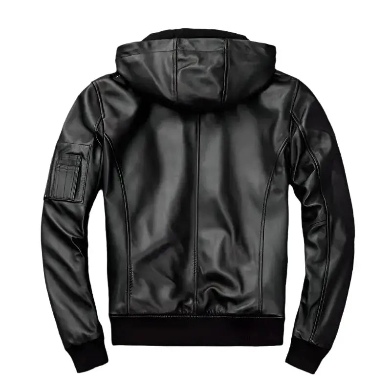 Black leather jacket with hood for men and casual biker styling