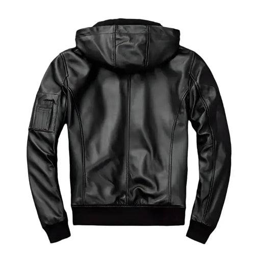 Black leather jacket with hood for men and casual biker styling