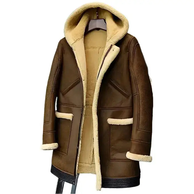 Mens Hooded Shearling Sheepskin Long Coat - Riders Republic UK