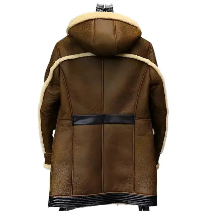 Mens Hooded Shearling Sheepskin Long Coat - Riders Republic UK