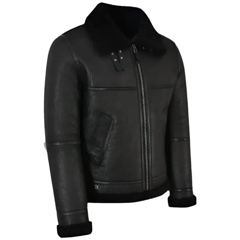 Jet Black Shearling Leather Jacket Mens - Riders Republic UK