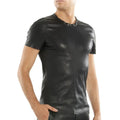 Men’s black lambskin leather T-shirt with short sleeves, round collar, fitted cut and hidden back zip