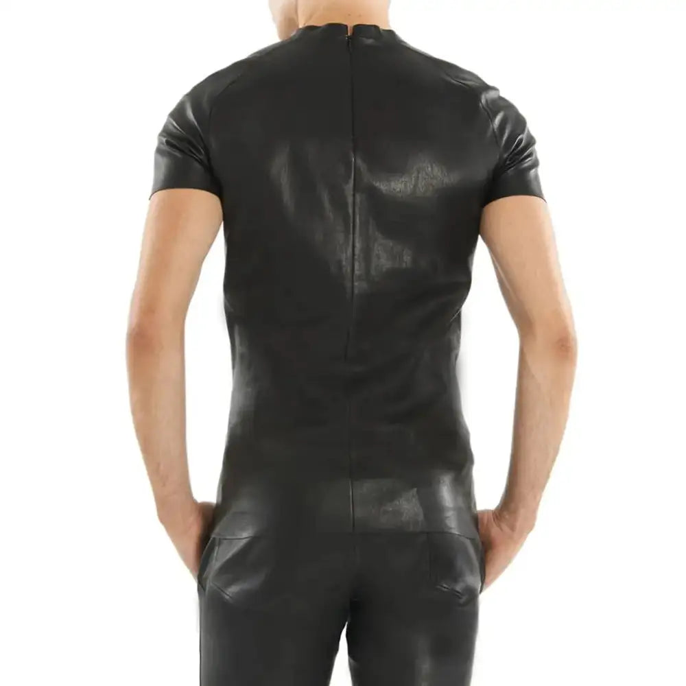 Mens Black Lambskin Leather T-Shirt