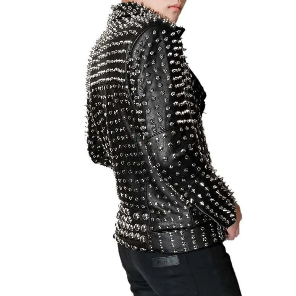 Mens Silver Studded Lambskin Leather Jacket - Riders Republic UK