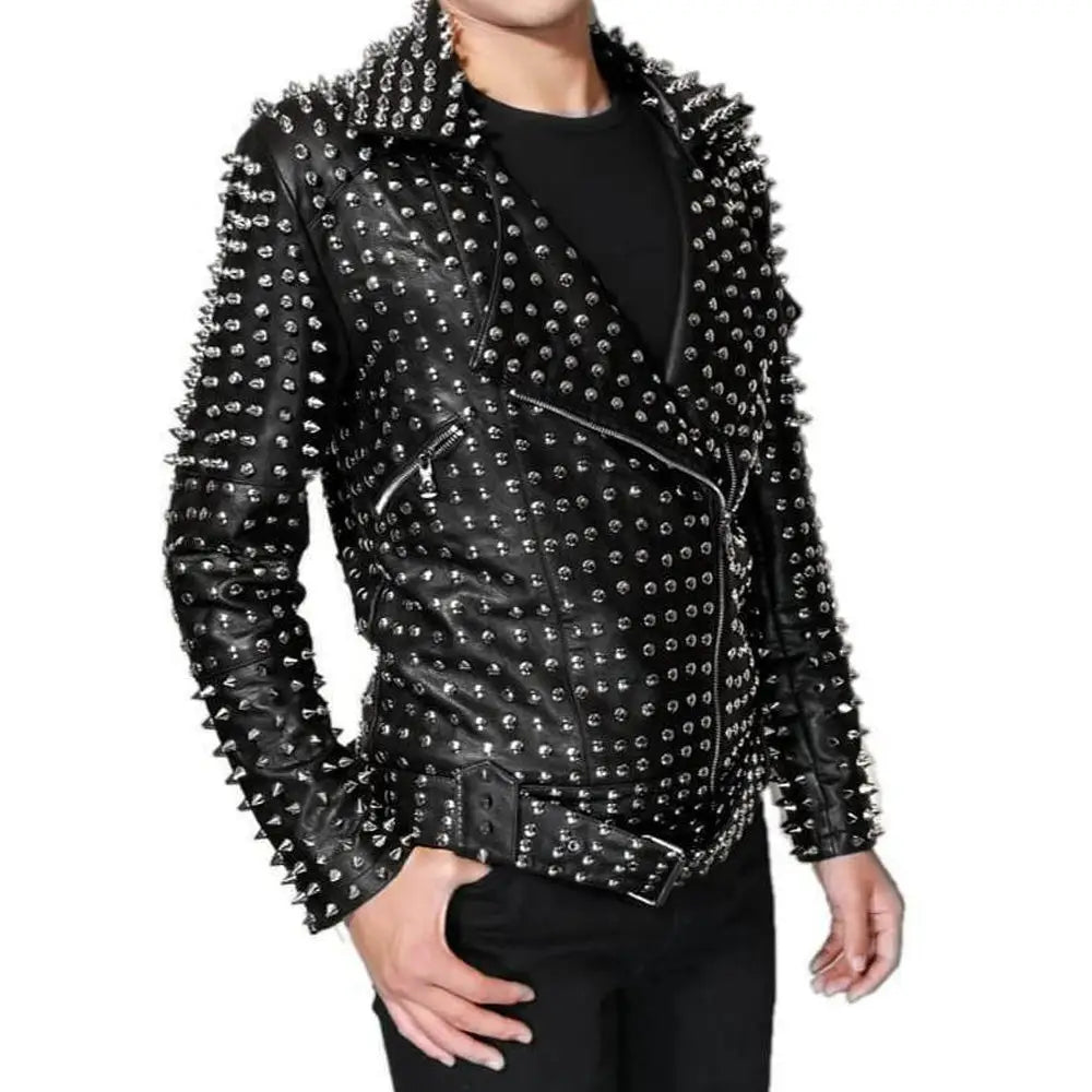 Mens Silver Studded Lambskin Leather Jacket - Riders Republic UK