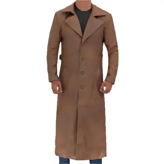 Mens Long Brown Leather Trench Coat - Riders Republic UK