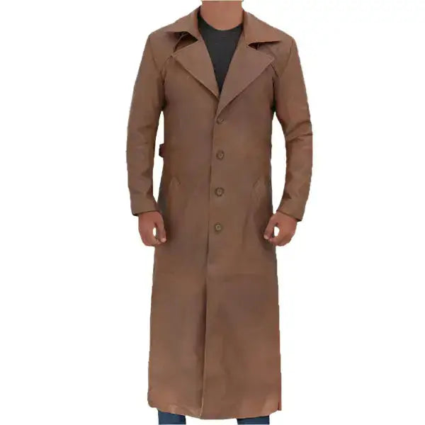 Mens Long Brown Leather Trench Coat - Riders Republic UK