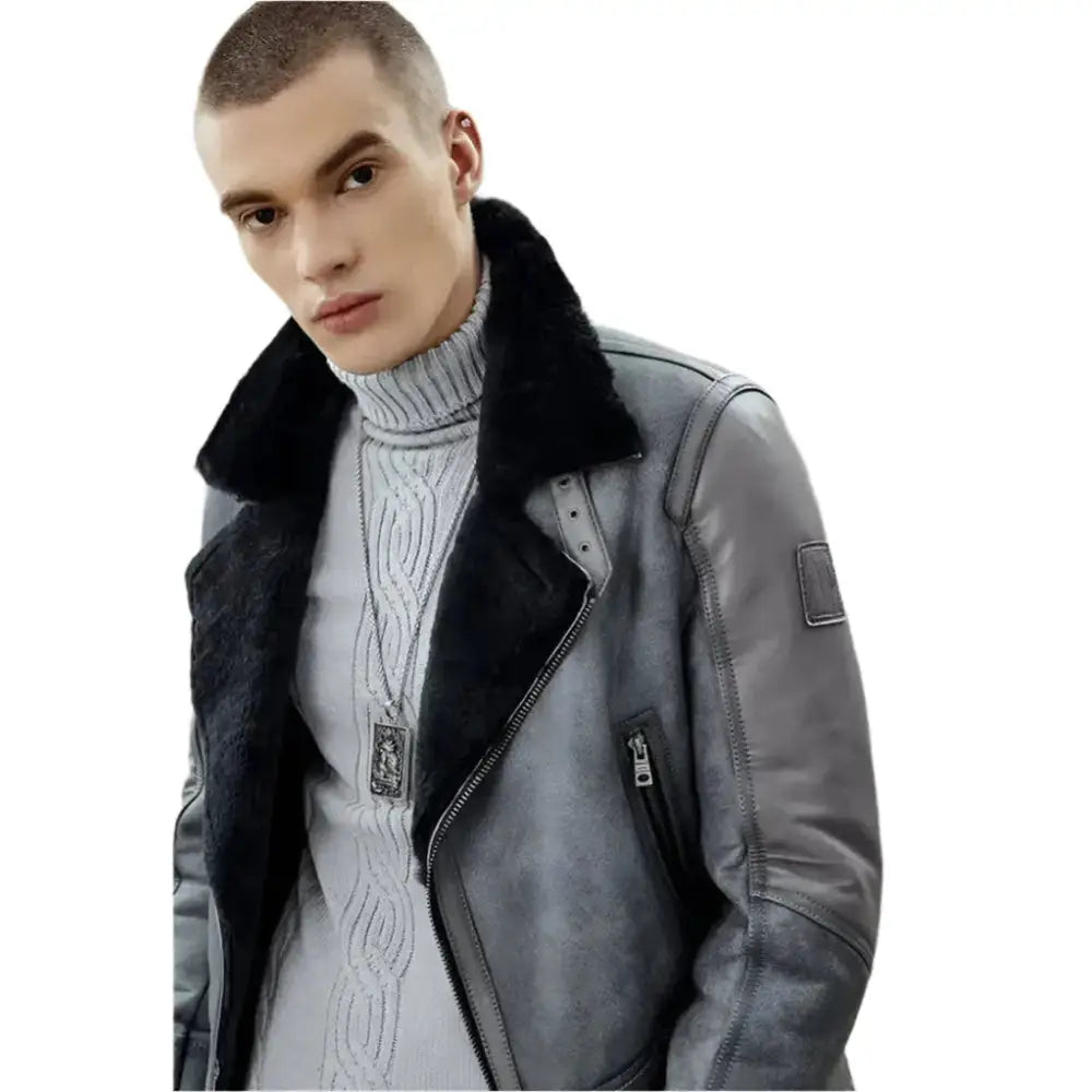Mens Metallic Gray B3 Shearling Bomber Jacket - Riders Republic UK
