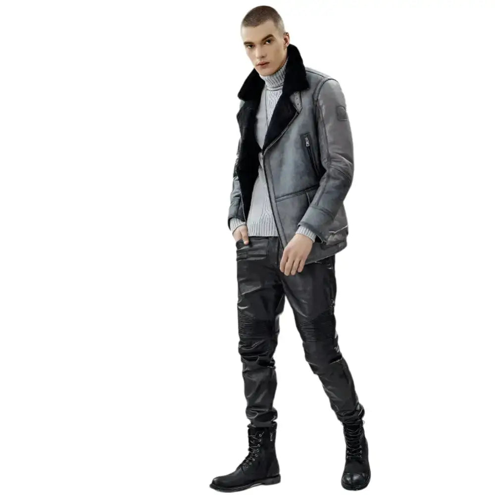 Mens Metallic Gray B3 Shearling Bomber Jacket - Riders Republic UK