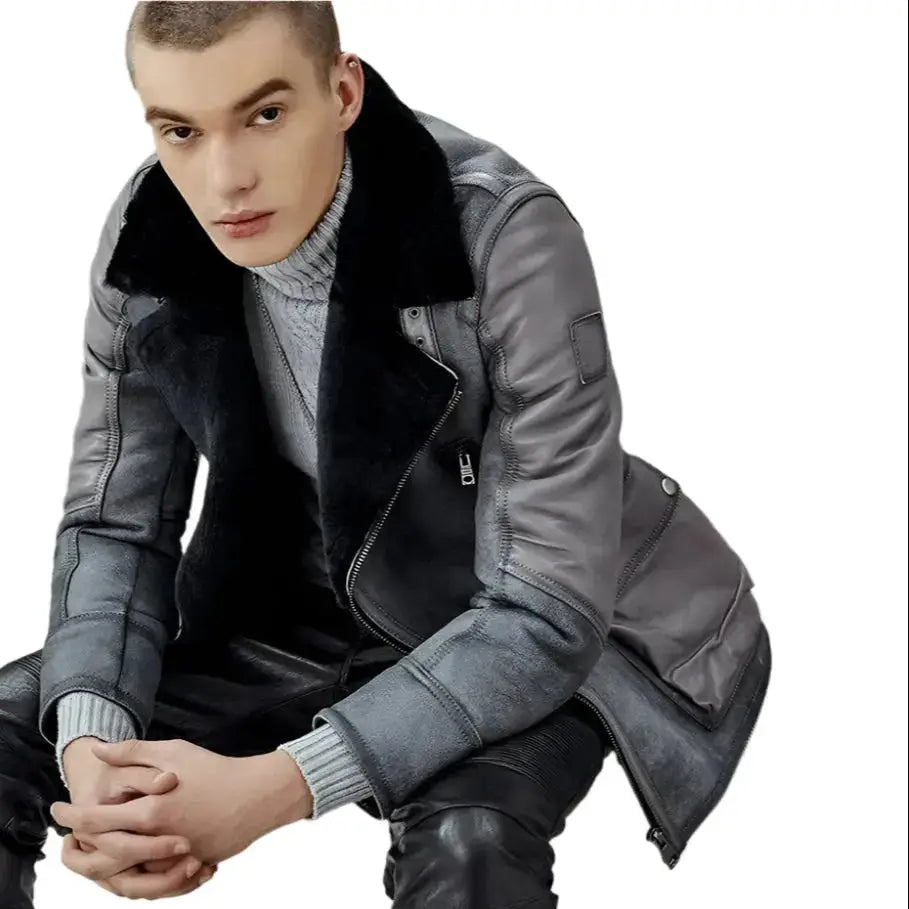 Mens Metallic Gray B3 Shearling Bomber Jacket - Riders Republic UK