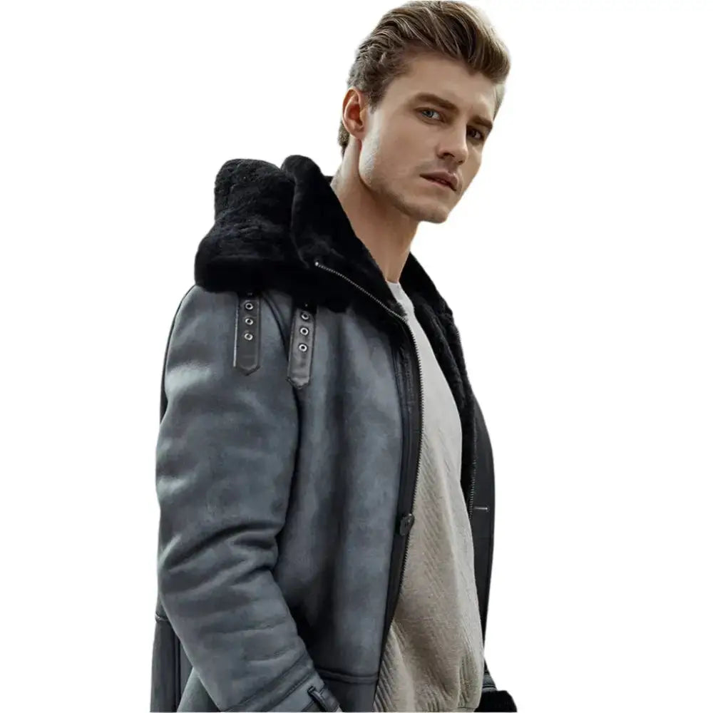 Mens Metallic Gray Shearling Bomber Coat - Riders Republic UK
