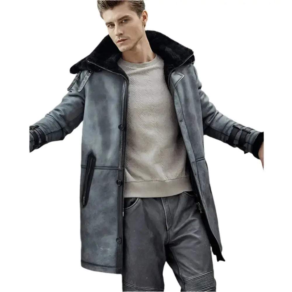 Mens Metallic Gray Shearling Bomber Coat - Riders Republic UK