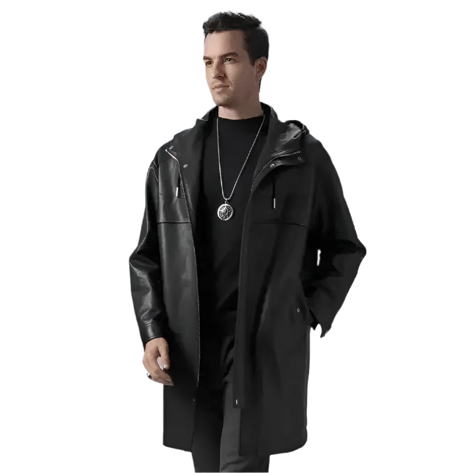 Mens Black Leather Hooded Coat - Riders Republic UK