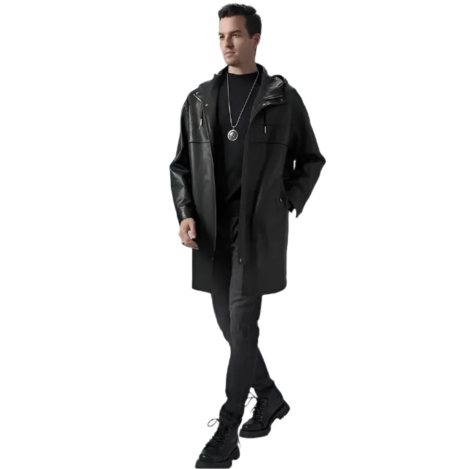 Mens Black Leather Hooded Coat - Riders Republic UK