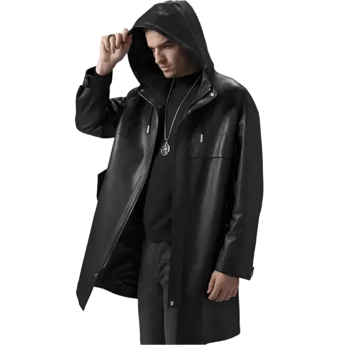 Mens Black Leather Hooded Coat - Riders Republic UK