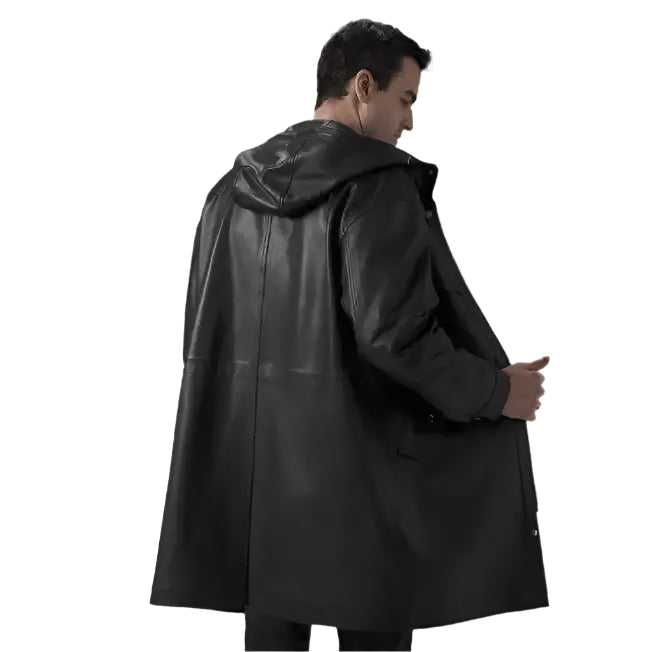 Mens Black Leather Hooded Coat - Riders Republic UK