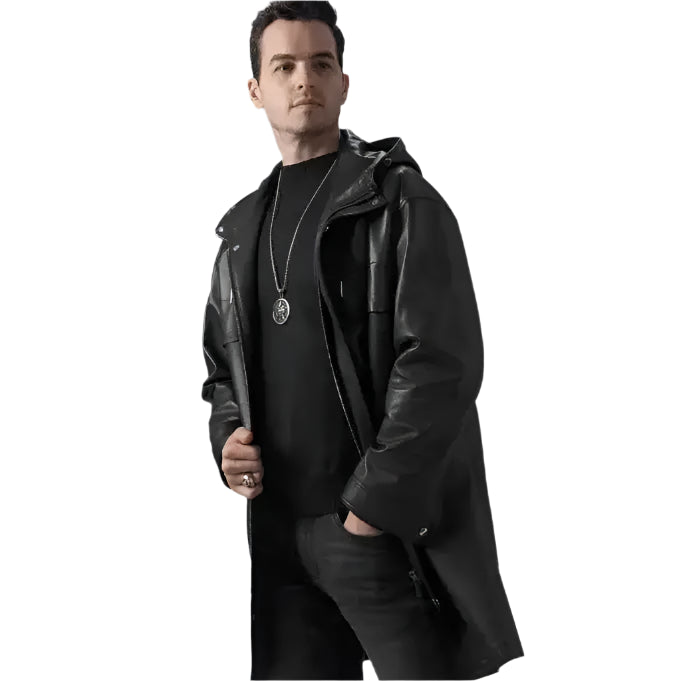Mens Black Leather Hooded Coat - Riders Republic UK