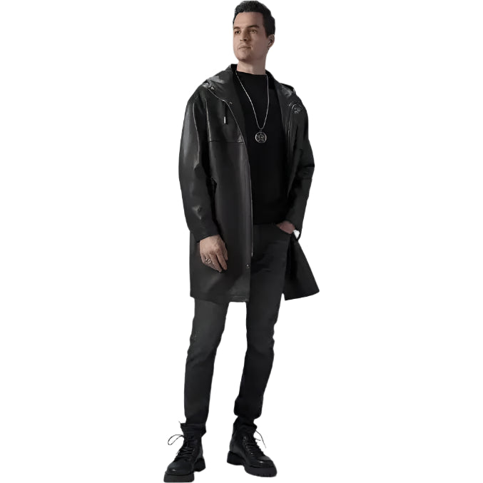 Mens Black Leather Hooded Coat - Riders Republic UK