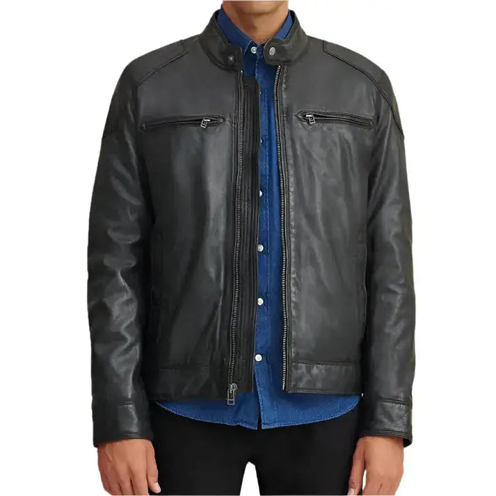 Mens Leather Motorcycle Jacket with Shoulder Patches - Riders Republic UK