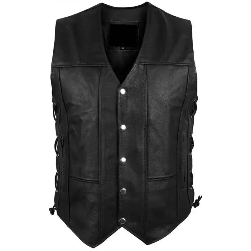 Mens Black Leather Motorcycle Vest - Riders Republic UK