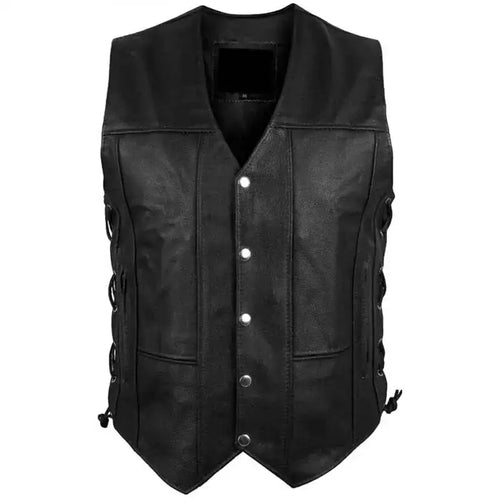 Mens Black Leather Motorcycle Vest - Riders Republic UK