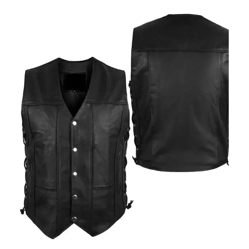 Mens Black Leather Motorcycle Vest - Riders Republic UK