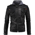 Men’s black hooded leather jacket with front zip closure, chest pockets and grey hood.