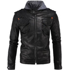 Men’s black hooded leather jacket with front zip closure, chest pockets and grey hood.