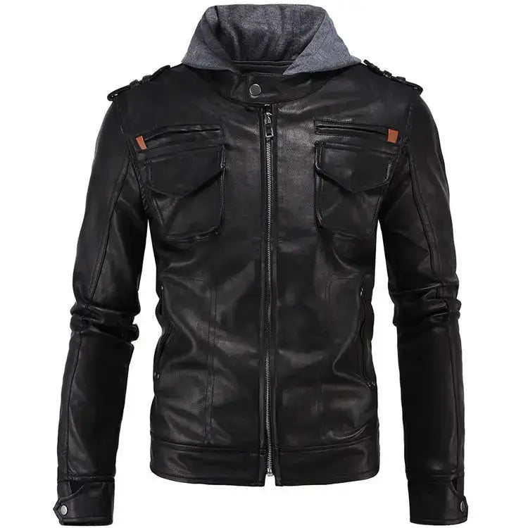 Men’s black hooded leather jacket with front zip closure, chest pockets and grey hood.