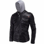 Men’s black hooded leather jacket with front zip closure, chest pockets and grey hood.