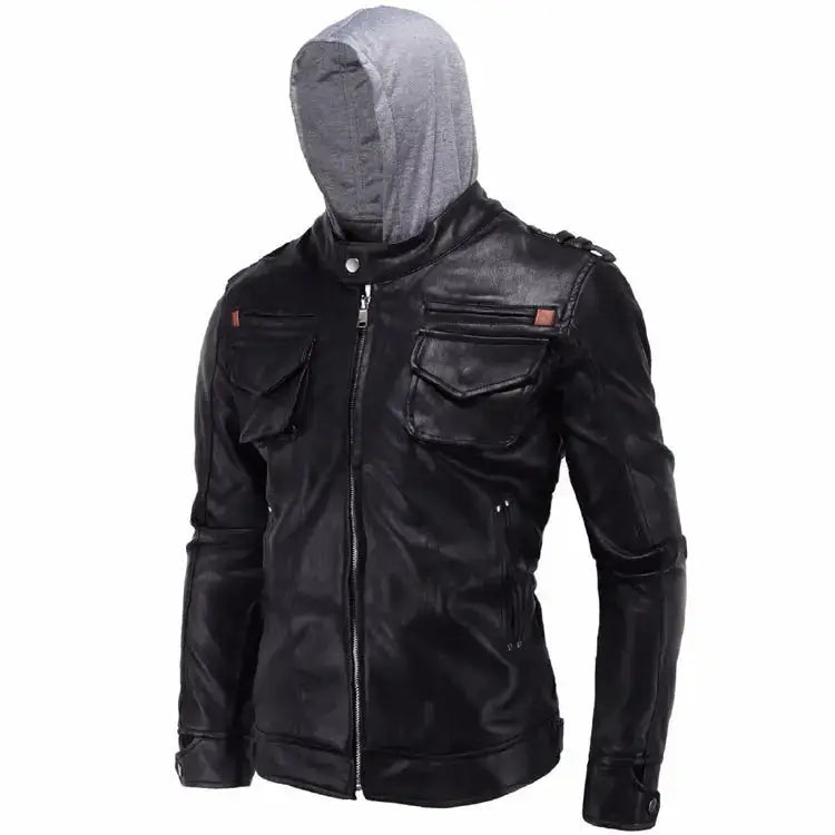 Men’s black hooded leather jacket with front zip closure, chest pockets and grey hood.