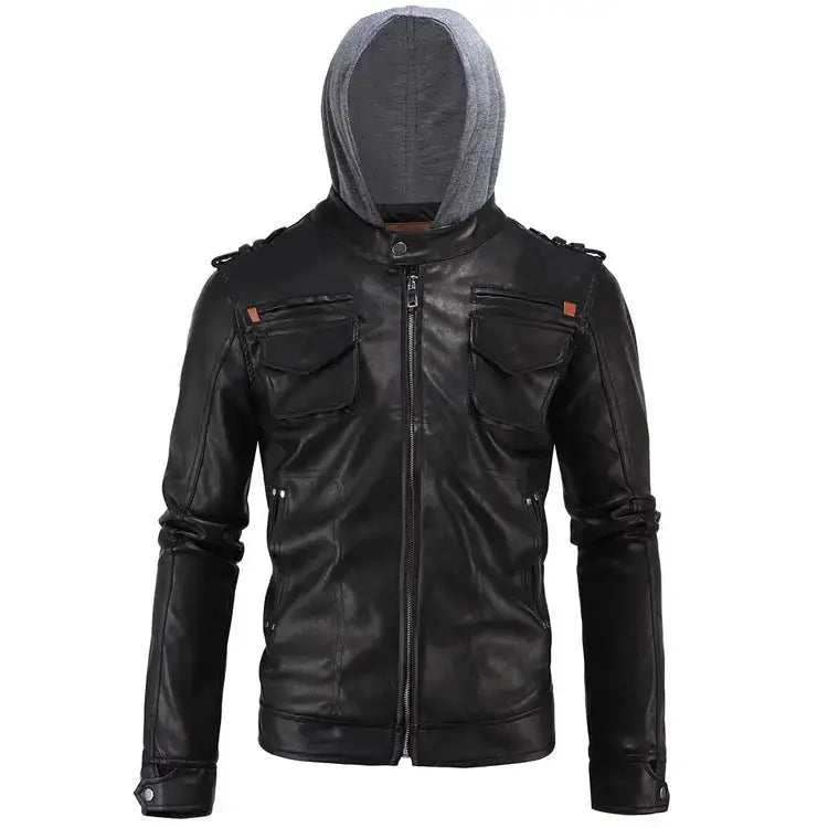 Men’s hooded leather biker jacket in black with grey hood and modern streetwear design.