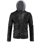 Men’s hooded leather biker jacket in black with grey hood and modern streetwear design.