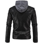 Black leather jacket for men with hood, shoulder tabs, zip front and biker-style pocket detail.