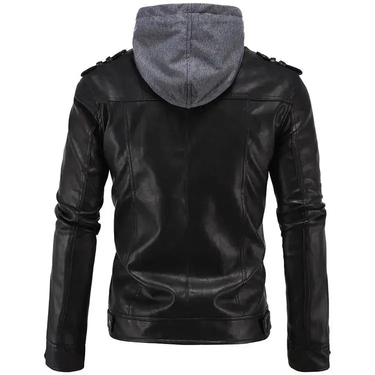 Black leather jacket for men with hood, shoulder tabs, zip front and biker-style pocket detail.