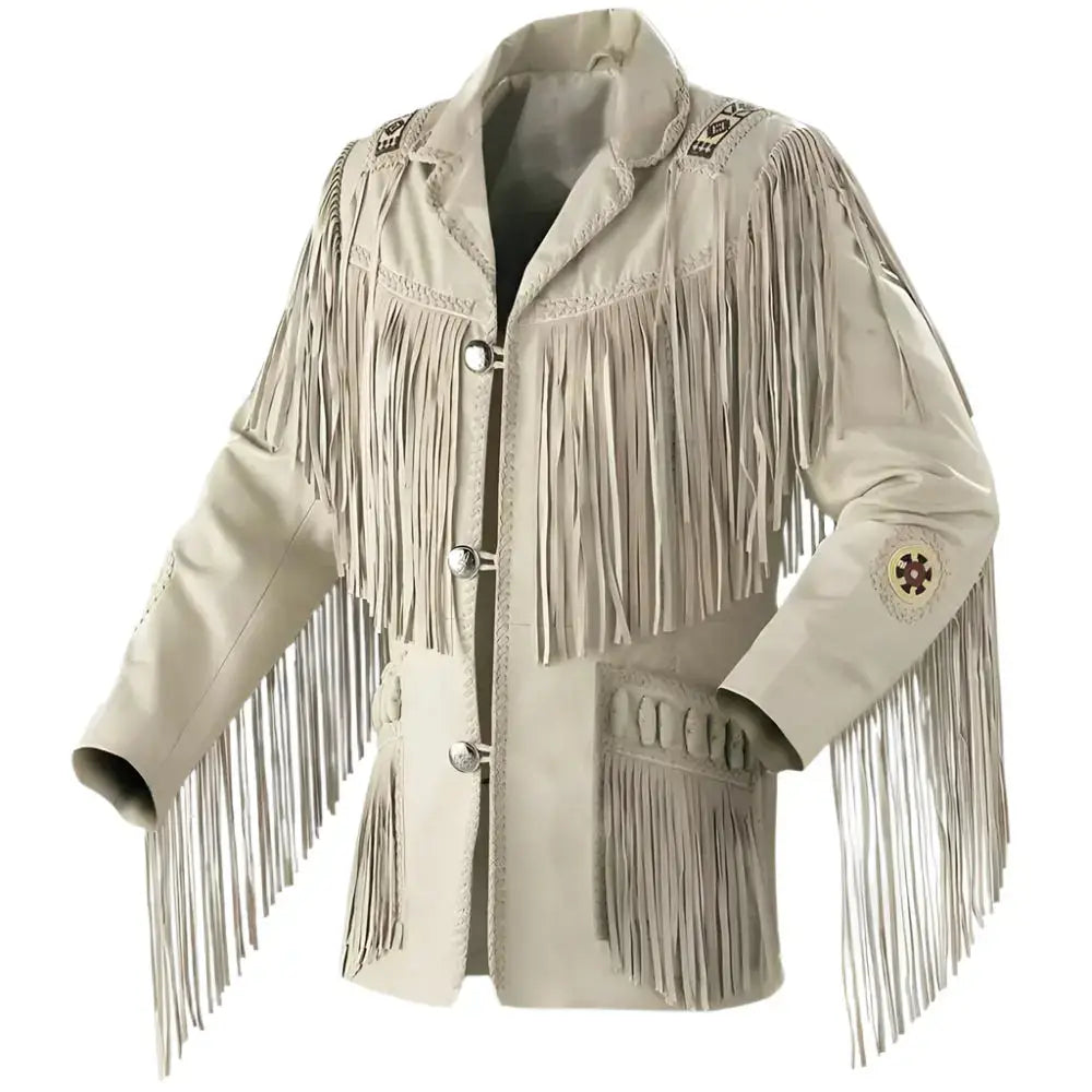 Mens Beige Suede Western Jacket with Fringe - Riders Republic UK