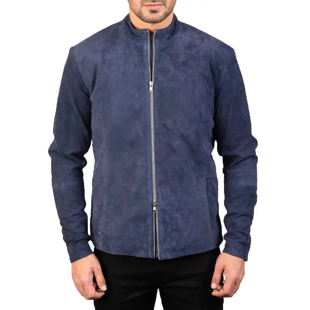 Mens Navy Blue Suede Biker Jacket - Riders Republic UK
