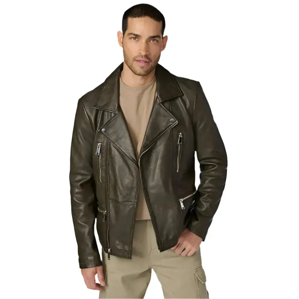 Mens Olive Leather Moto Jacket - Riders Republic UK